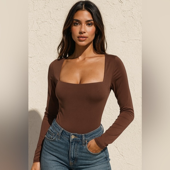 2/for $20 🪩 QINSEN Long Sleeve Coffee Brown Bodysuit - NEW w TAGS 🏷️ - Picture 8 of 8